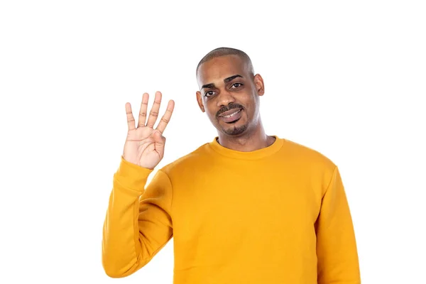 Afroamerican Cara Vestindo Uma Camisa Amarela Isolado Fundo Branco — Fotografia de Stock