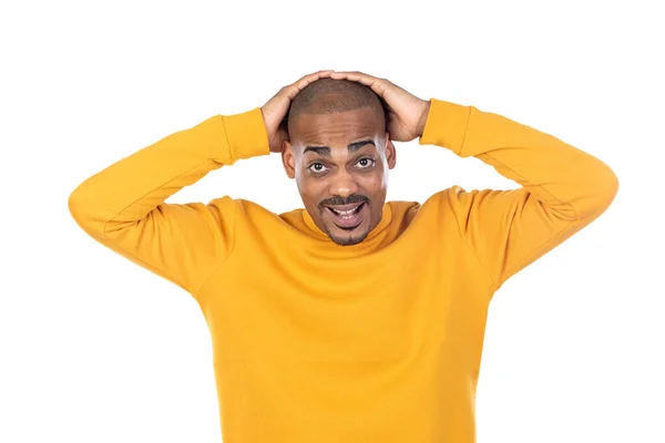 Afroamerican Cara Vestindo Uma Camisa Amarela Isolado Fundo Branco — Fotografia de Stock