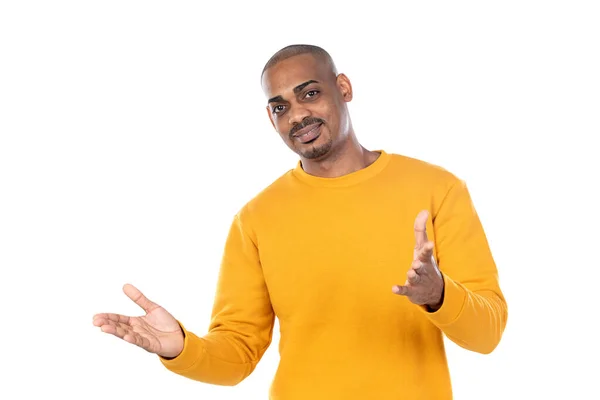 Afroamerican Guy Wearing Yellow Jersey Isolated White Background — Stock Photo, Image