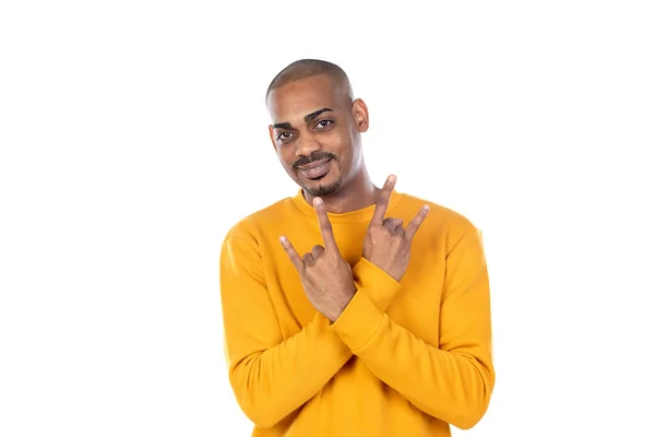 Afroamerican Guy Wearing Yellow Jersey Isolated White Background — Stock Photo, Image