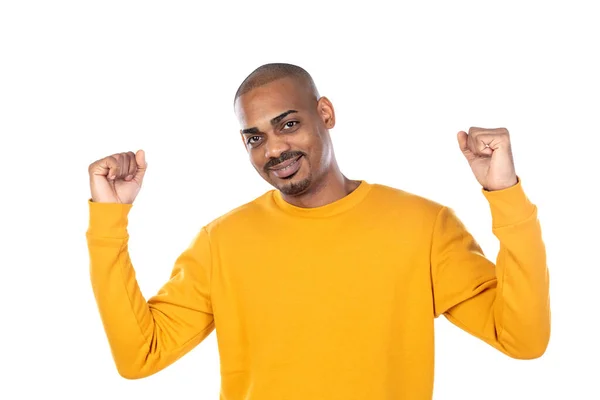 Afroamerican Cara Vestindo Uma Camisa Amarela Isolado Fundo Branco — Fotografia de Stock