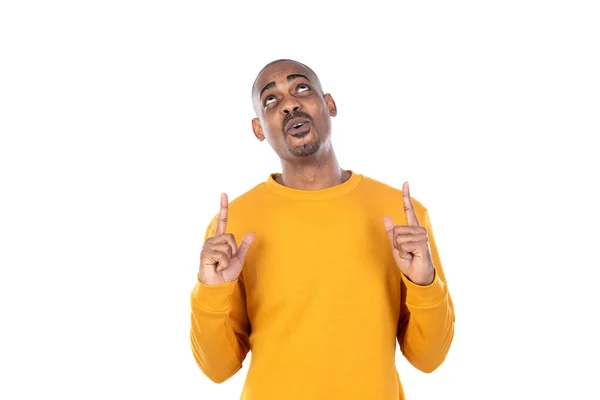 Afroamerican Guy Wearing Yellow Jersey Isolated White Background — Stock Photo, Image