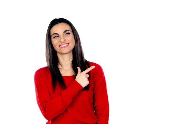 Mulher Madura Atraente Vestindo Camisola Vermelha Isolada Fundo Branco — Fotografia de Stock