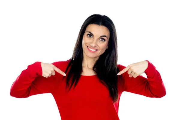 Aantrekkelijke Volwassen Vrouw Draagt Rode Trui Geïsoleerd Een Witte Achtergrond — Stockfoto