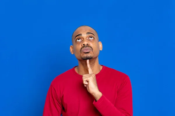 African Guy Blue Background Thinking — Stock Photo, Image