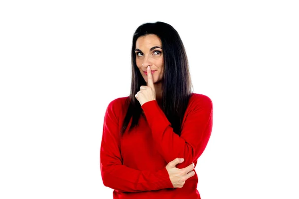 Attraente Donna Matura Che Indossa Jersey Rosso Isolato Uno Sfondo — Foto Stock