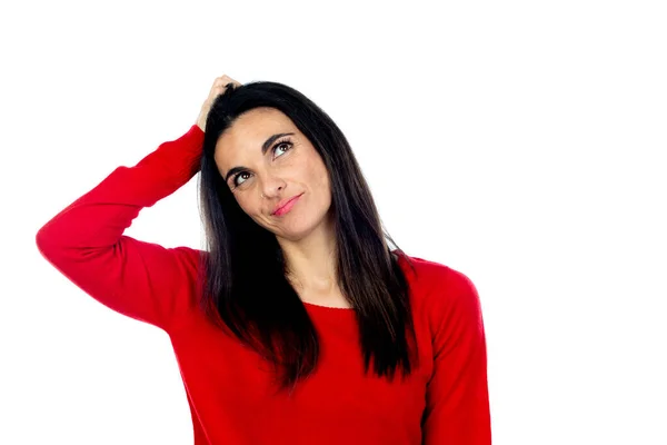 Mulher Madura Atraente Vestindo Camisola Vermelha Isolada Fundo Branco — Fotografia de Stock