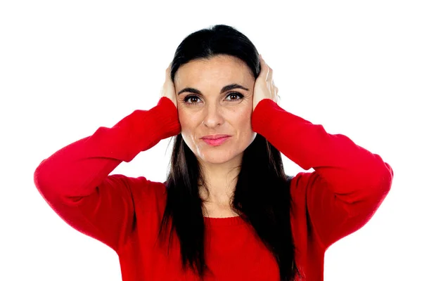 Mulher Madura Atraente Vestindo Camisola Vermelha Isolada Fundo Branco — Fotografia de Stock