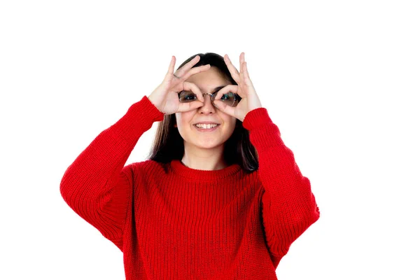 Brunette Fille Avec Des Lunettes Isolées Sur Fond Blanc — Photo