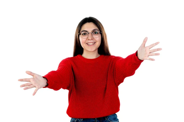 Brunette Meisje Met Bril Geïsoleerd Een Witte Achtergrond — Stockfoto