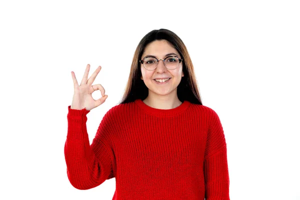 Brunette Fille Avec Des Lunettes Isolées Sur Fond Blanc — Photo