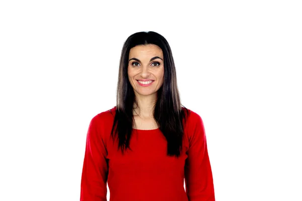 Atractiva Mujer Madura Con Jersey Rojo Aislado Sobre Fondo Blanco —  Fotos de Stock