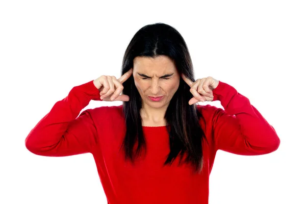 Aantrekkelijke Volwassen Vrouw Draagt Rode Trui Geïsoleerd Een Witte Achtergrond — Stockfoto