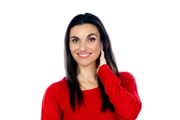 Attraktive Reife Frau Trägt Rotes Trikot Auf Weißem Hintergrund — Stockfoto