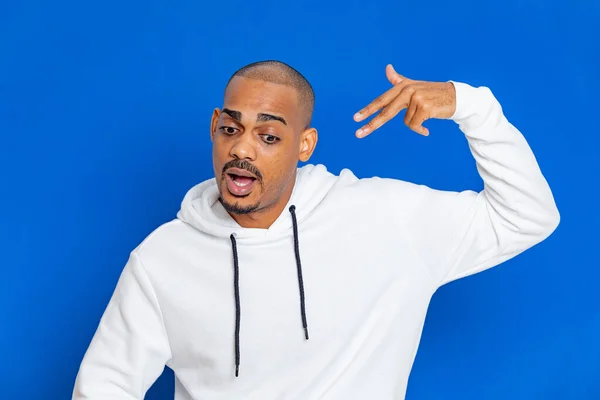 African Guy Wearing White Sweatshirt Blue Background — Stock Photo, Image