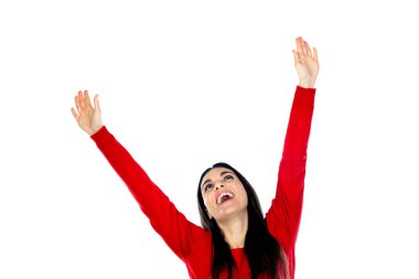 Kırmızı forma giyen çekici olgun bir kadın beyaz arka planda izole edilmiş.