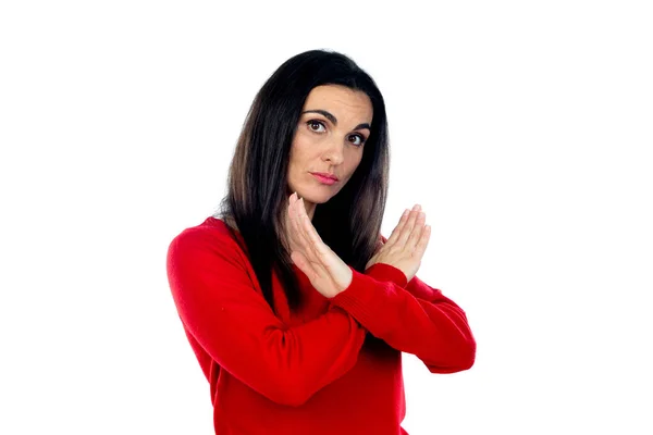 Mulher Madura Atraente Vestindo Camisola Vermelha Isolada Fundo Branco — Fotografia de Stock