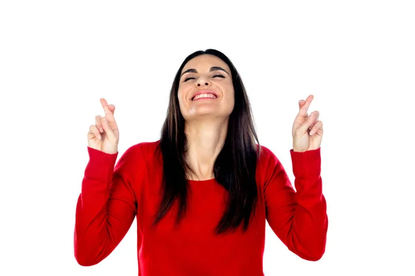 Attractive Mature Woman Wearing Red Jersey Isolated White Background — Stock Photo, Image