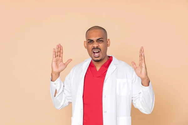 Angry African Doctor Wearing White Lab Coat Yellow Background — Stock Photo, Image