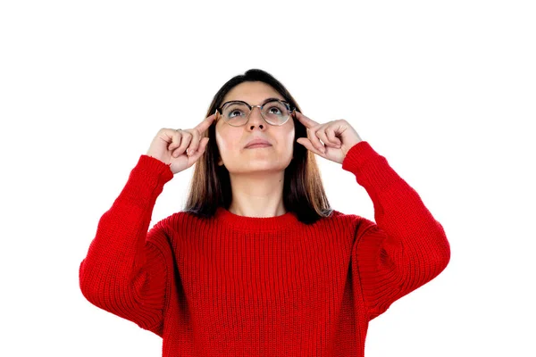 Brunette Fille Avec Des Lunettes Isolées Sur Fond Blanc — Photo