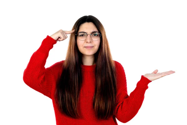 Menina Morena Com Óculos Isolados Fundo Branco — Fotografia de Stock