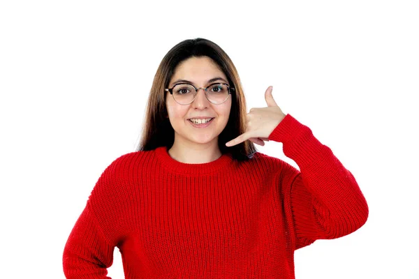 Menina Morena Com Óculos Isolados Fundo Branco — Fotografia de Stock