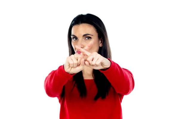 Aantrekkelijke Volwassen Vrouw Draagt Rode Trui Geïsoleerd Een Witte Achtergrond — Stockfoto