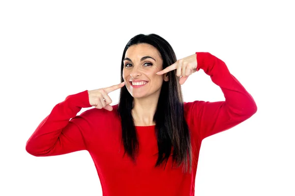 Attraktive Reife Frau Trägt Rotes Trikot Auf Weißem Hintergrund — Stockfoto