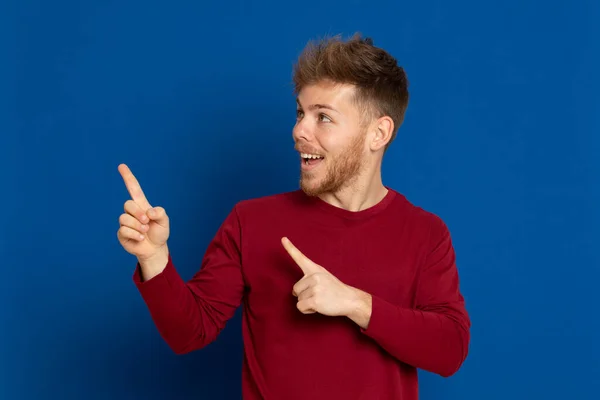 Attractive Young Guy Red Shirt Blue Background — Stock Photo, Image