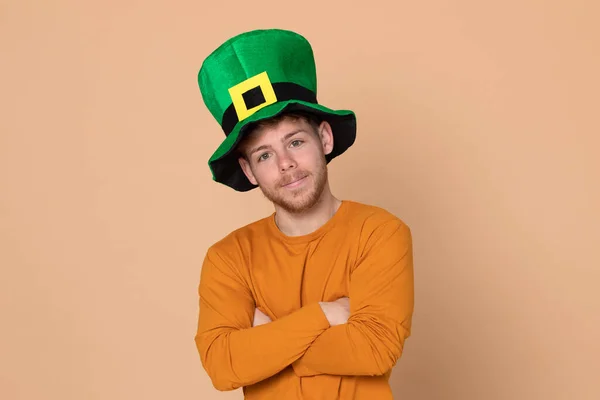 Attractive Young Guy Big Green Hat Yellow Background — Stock Photo, Image