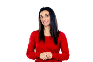 Kırmızı forma giyen çekici olgun bir kadın beyaz arka planda izole edilmiş.