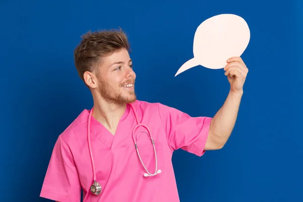 African Doctor Wearing Pink Uniform Blue Background — Stock Photo, Image