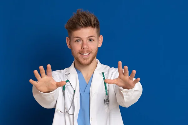 Attractive Doctor White Lab Coat Blue Background — Stock Photo, Image