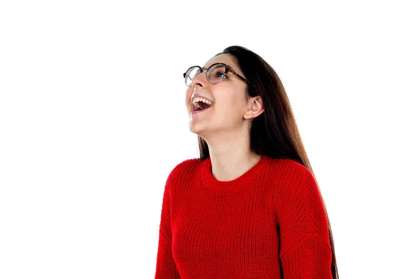 Menina Morena Com Óculos Isolados Fundo Branco — Fotografia de Stock