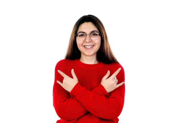 Menina Morena Com Óculos Isolados Fundo Branco — Fotografia de Stock