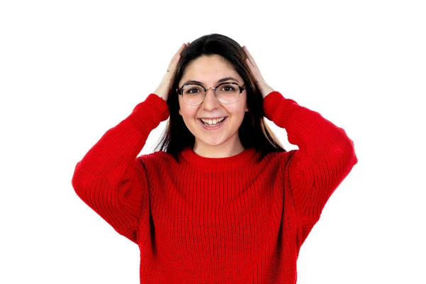 Menina Morena Com Óculos Isolados Fundo Branco — Fotografia de Stock