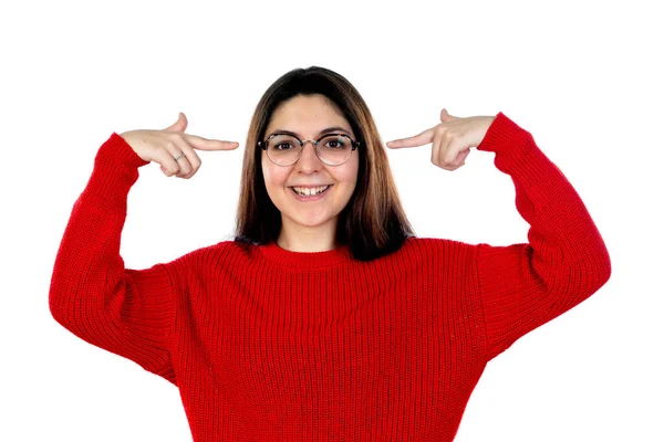 Menina Morena Com Óculos Isolados Fundo Branco — Fotografia de Stock