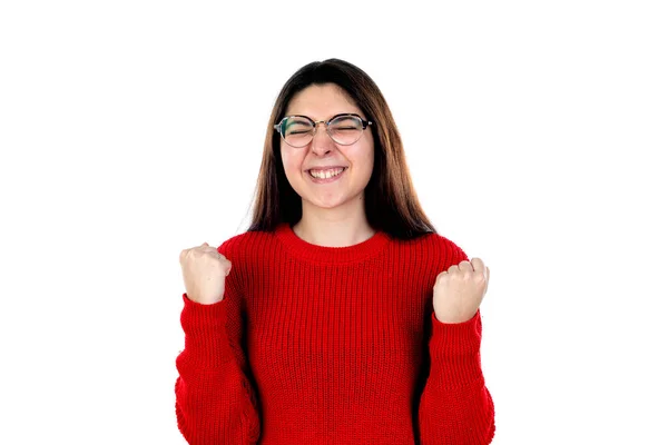 Menina Morena Com Óculos Isolados Fundo Branco — Fotografia de Stock