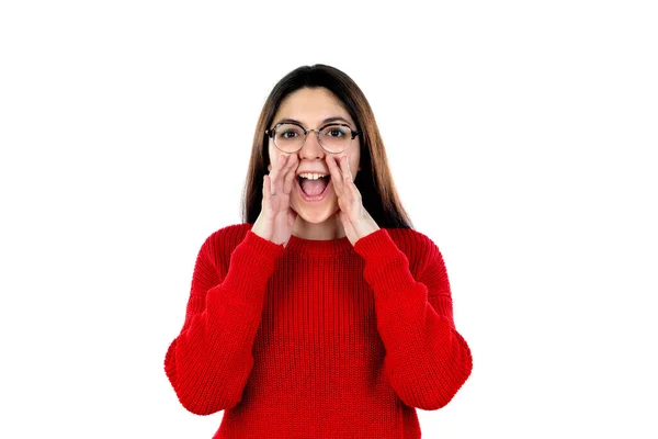 Chica Morena Con Gafas Aisladas Sobre Fondo Blanco — Foto de Stock