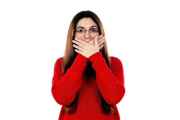 Menina Morena Com Óculos Isolados Fundo Branco — Fotografia de Stock