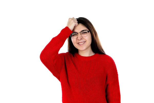 Brunette Fille Avec Des Lunettes Isolées Sur Fond Blanc — Photo