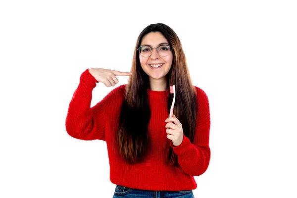 Brünette Mädchen Mit Brille Isoliert Auf Weißem Hintergrund — Stockfoto