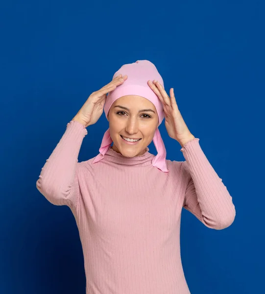 Young Woman Pink Scarf Head Blue Background — Stock Photo, Image