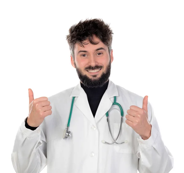 医生穿着一件被白色背景隔离的实验室外套 — 图库照片