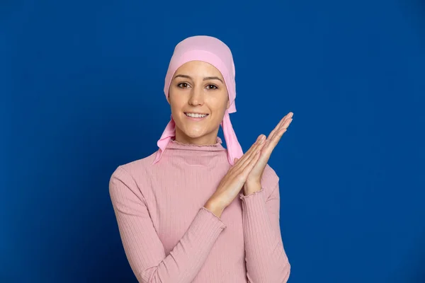 Young Woman Pink Scarf Head Blue Background — Stock Photo, Image