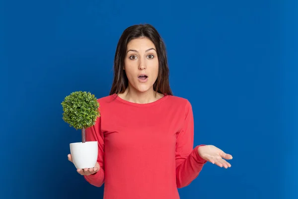 Attraktives Brünettes Mädchen Mit Rotem Shirt Auf Blauem Hintergrund — Stockfoto