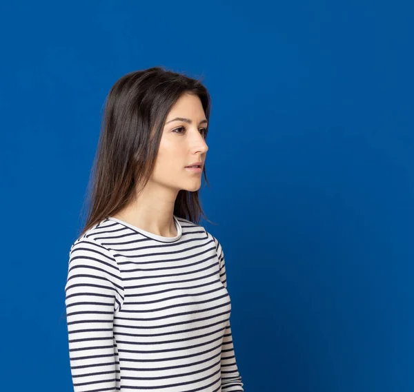 Brunette Young Woman Wearing Striped Shirt Blue Background — Stock Photo, Image