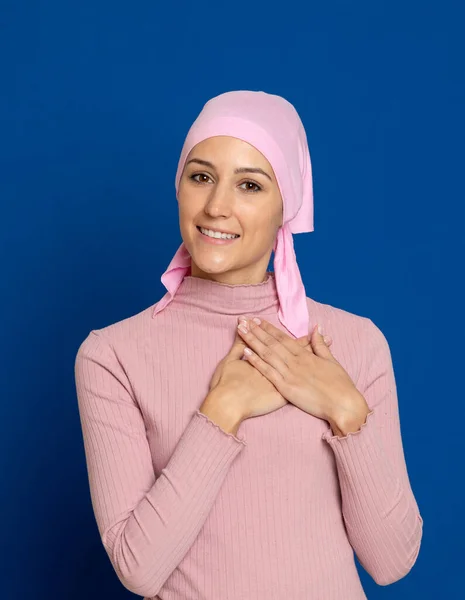 Young Woman Pink Scarf Head Blue Background — Stock Photo, Image