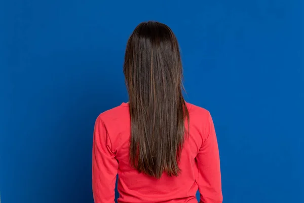 Menina Morena Atraente Estúdio Fundo Azul — Fotografia de Stock