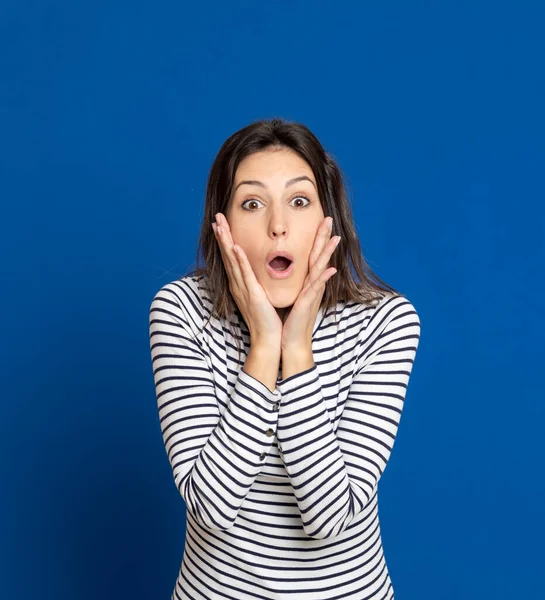 Brunette Young Woman Wearing Striped Shirt Blue Background — Stock Photo, Image